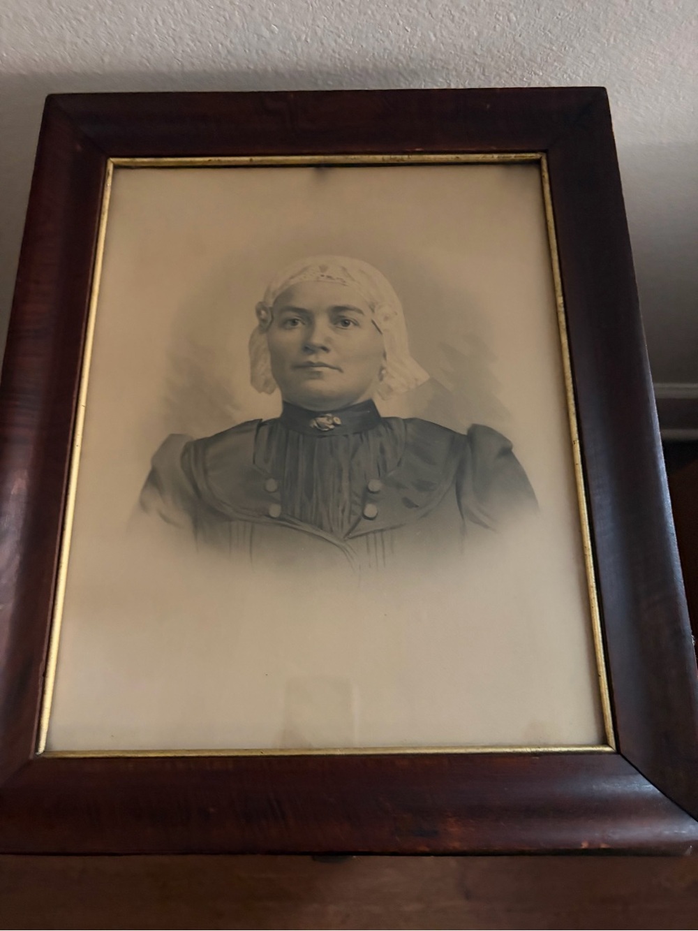 Antique Portrait Woman in Dark Turn of the Century Frame - Sepia charcoal crayon
